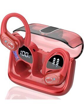 Red Wireless Earbuds Bluetooth Headphone Sport with Ear hooks Workout